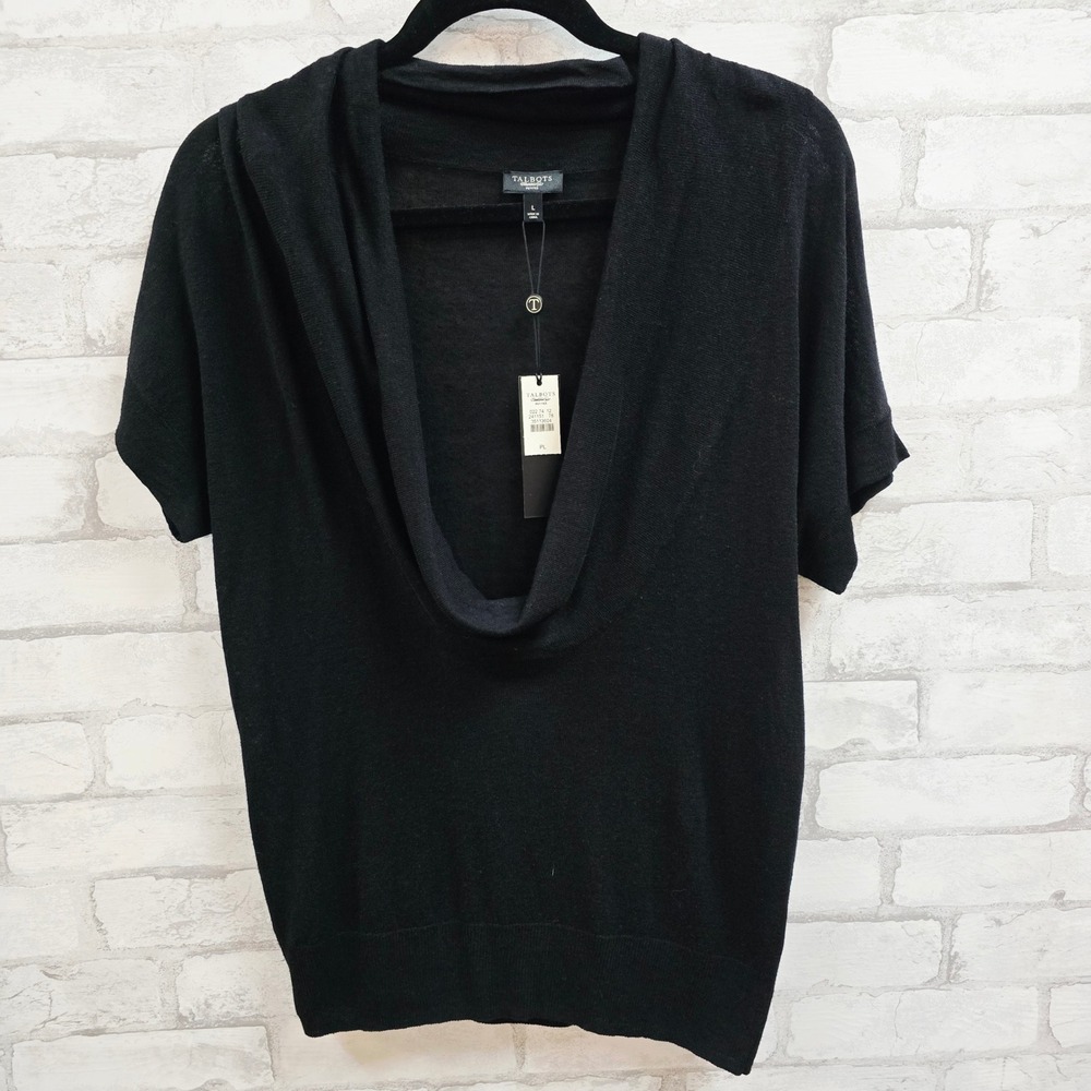 Talbots Black Linen Blend Cowl Neck Short Sleeve Sweater Size PL NEW
